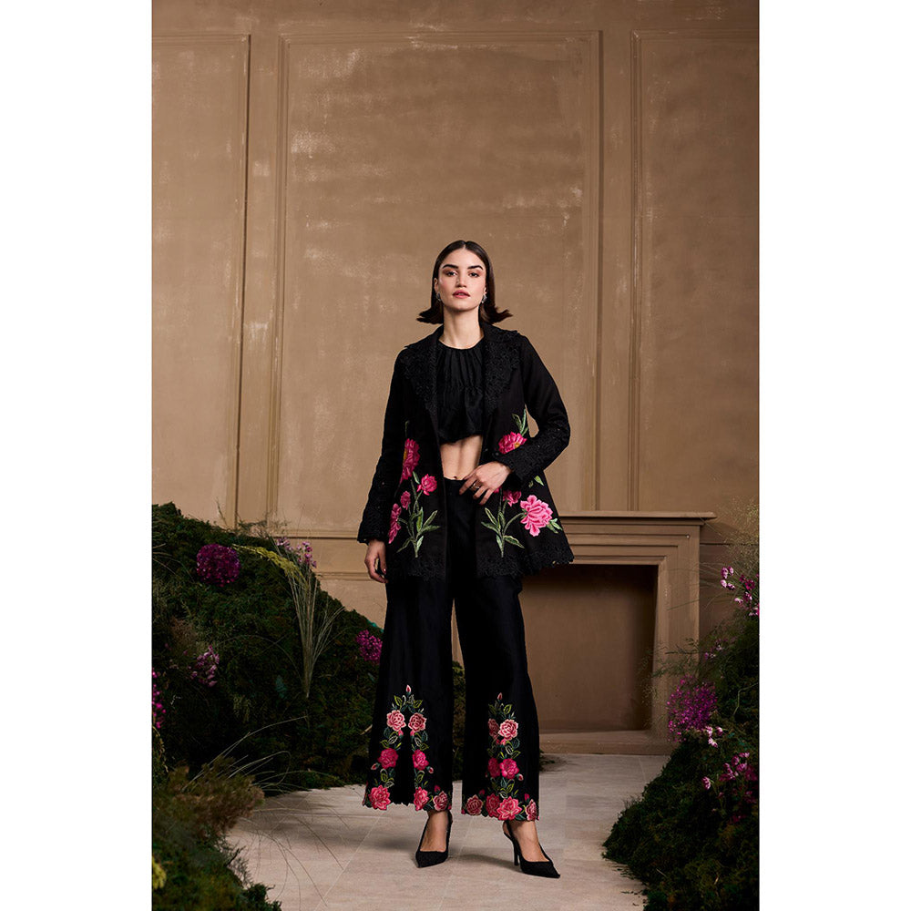 CHANDRIMA Black Rose Flared Embroidered Blazer