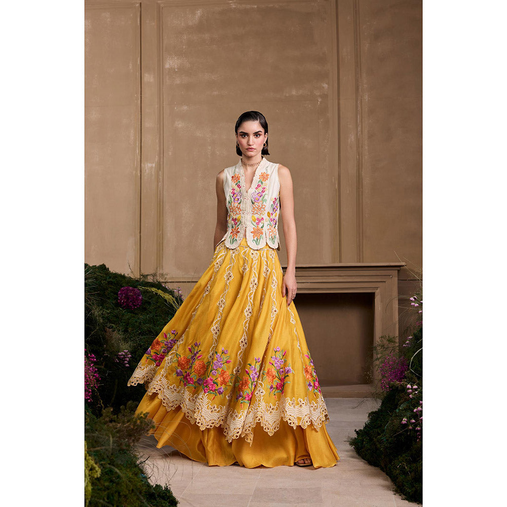 CHANDRIMA Ivory Floral Embroidered Panelled Waistcoat