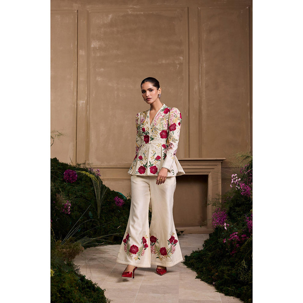 CHANDRIMA Ivory Floral Foliage Pleated Peplum Jacket