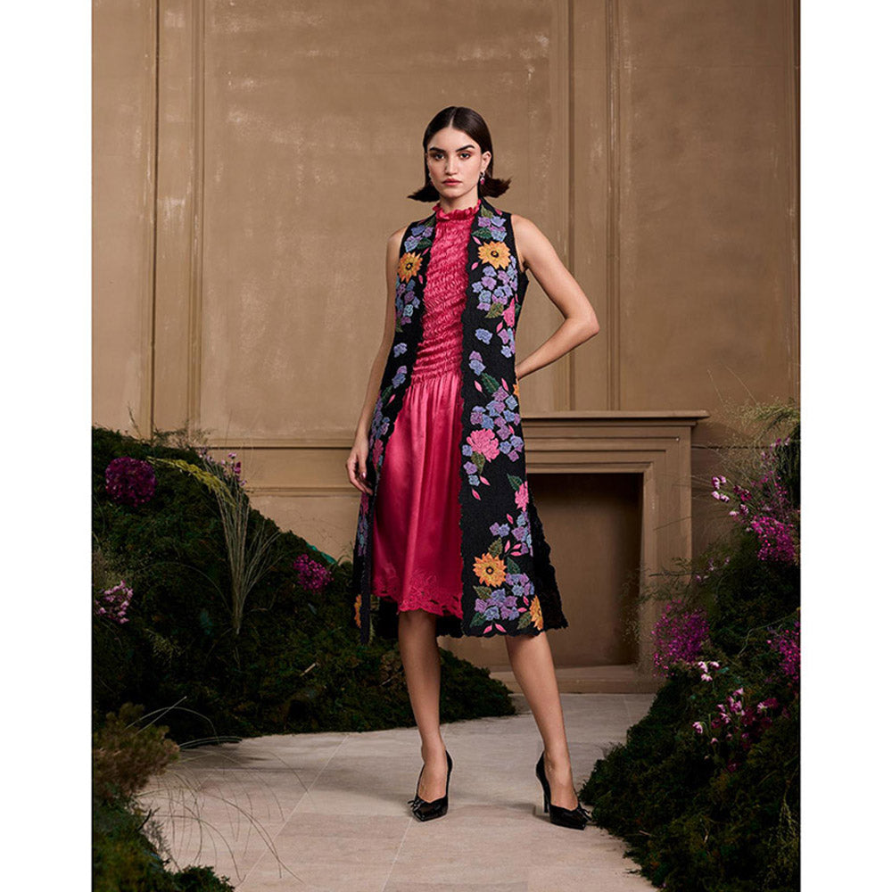 CHANDRIMA Black Hydrangea Applique and Quilted Long Jacket