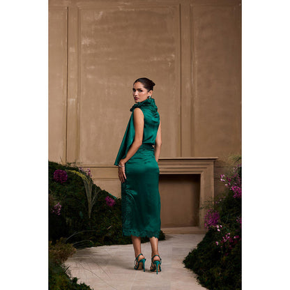 CHANDRIMA Emerald Green Metallic Quilted Embroidered Skirt
