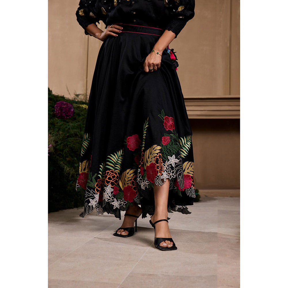 CHANDRIMA Black Floral Foliage Applique Embroidered and Cutwork Skirt