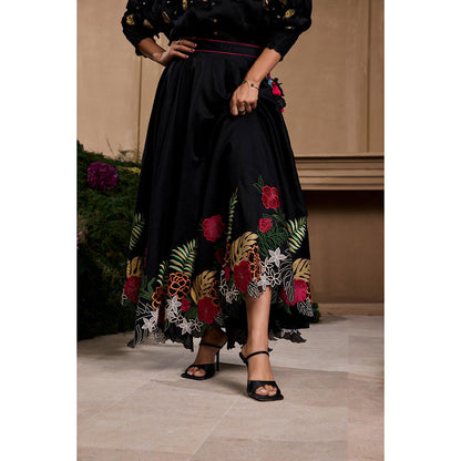CHANDRIMA Black Floral Foliage Applique Embroidered and Cutwork Skirt