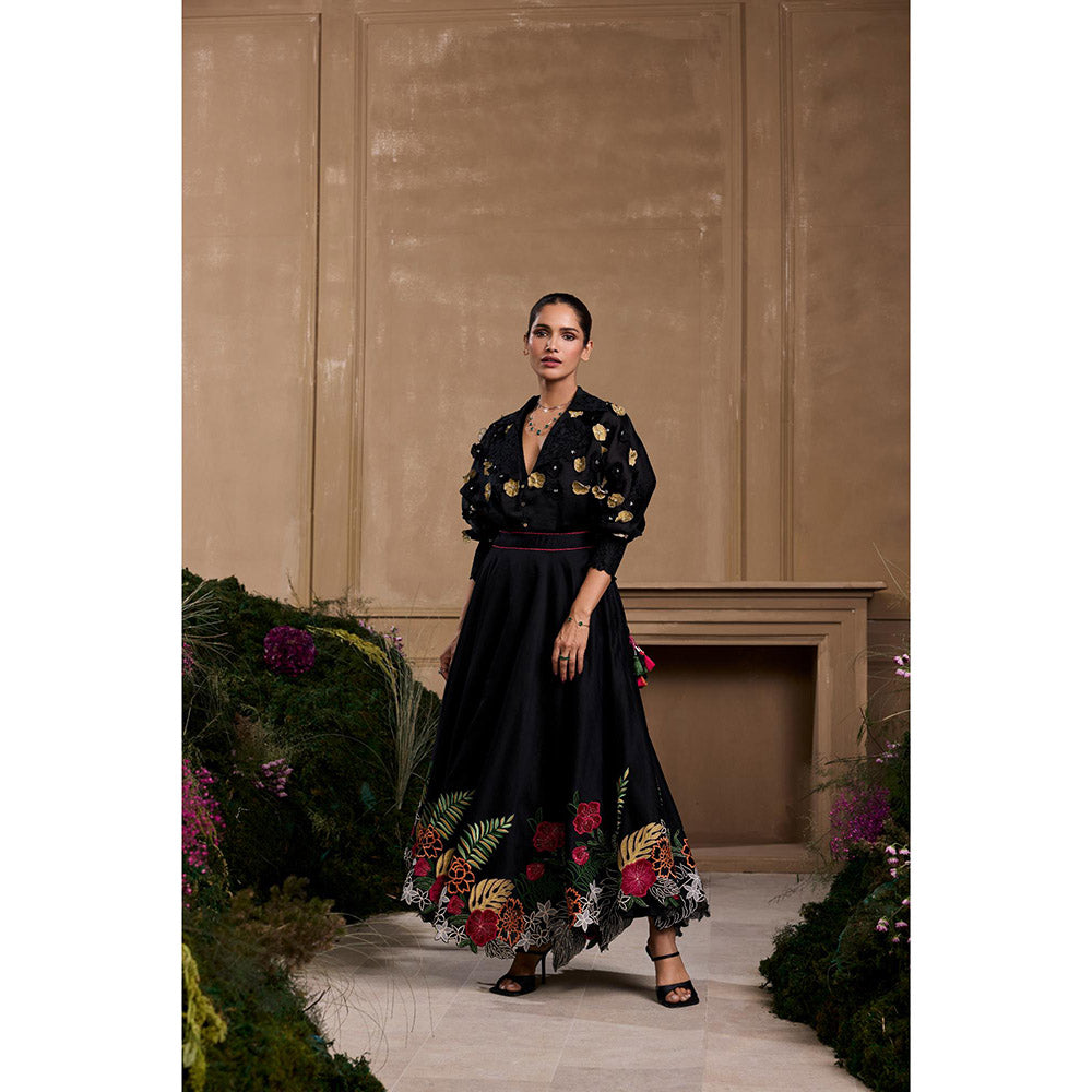 CHANDRIMA Black Floral Foliage Applique Embroidered and Cutwork Skirt