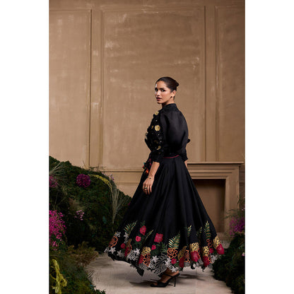 CHANDRIMA Black Floral Foliage Applique Embroidered and Cutwork Skirt