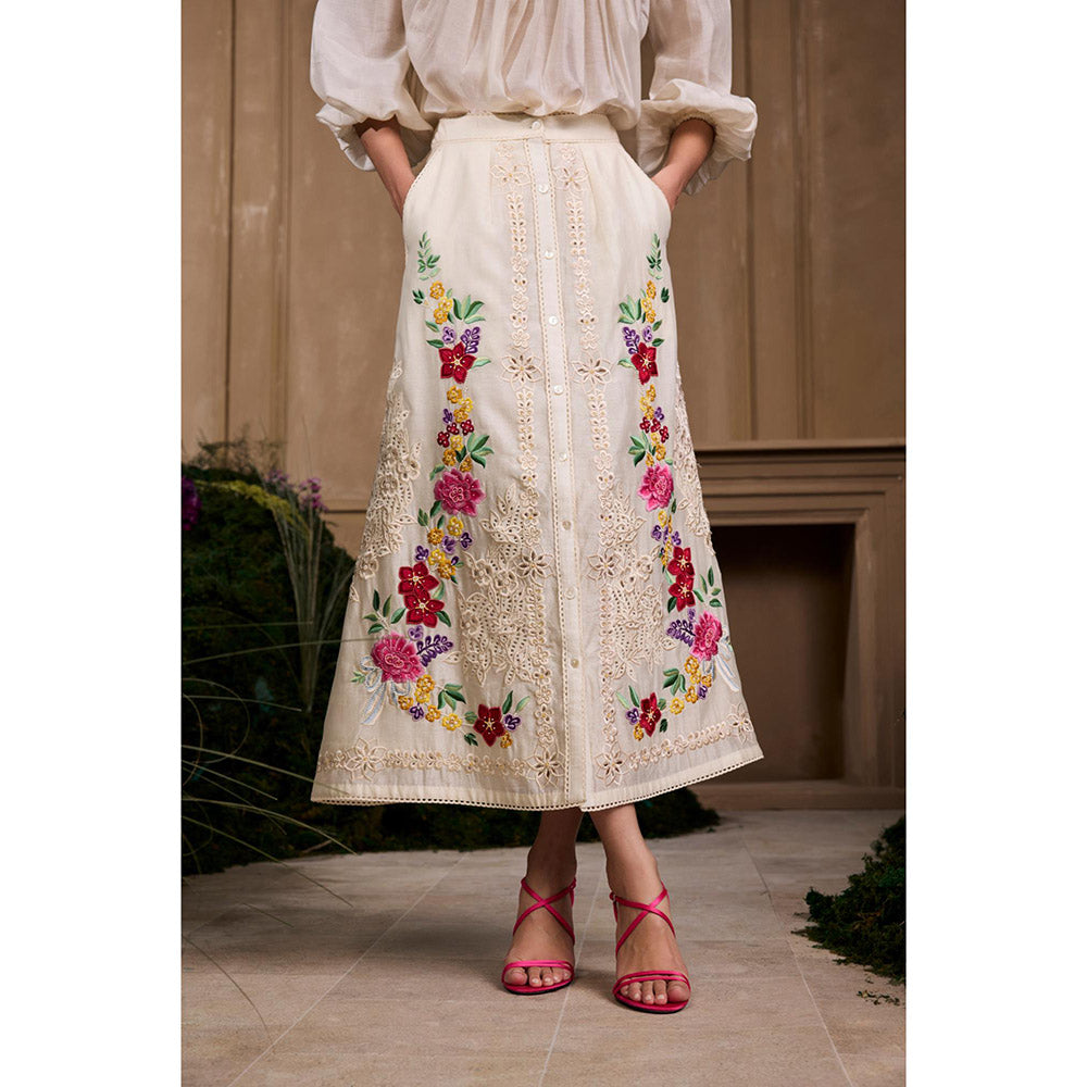 CHANDRIMA Ivory Floral Embroidered Button-Down Skirt