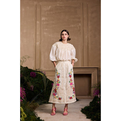 CHANDRIMA Ivory Floral Embroidered Button-Down Skirt