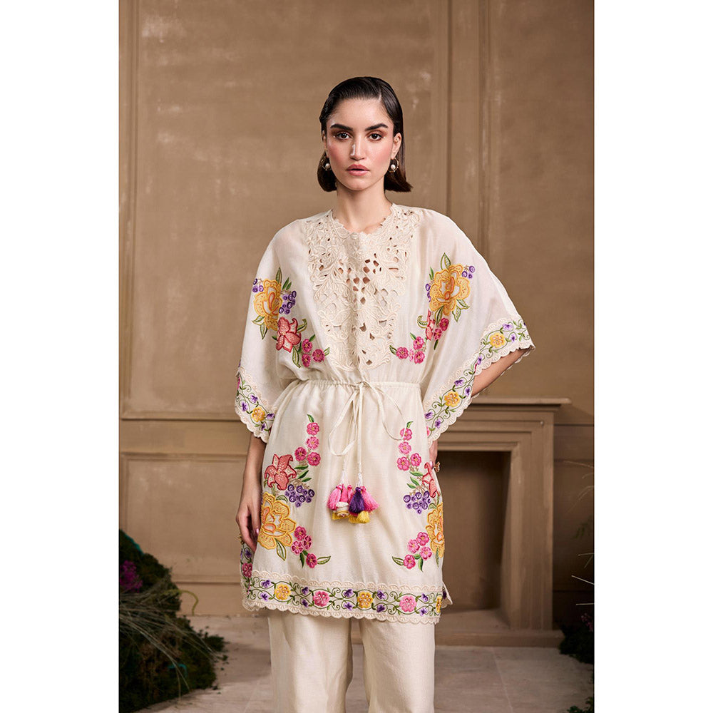 CHANDRIMA Ivory Floral Embroidered Yoke Detail Kaftan