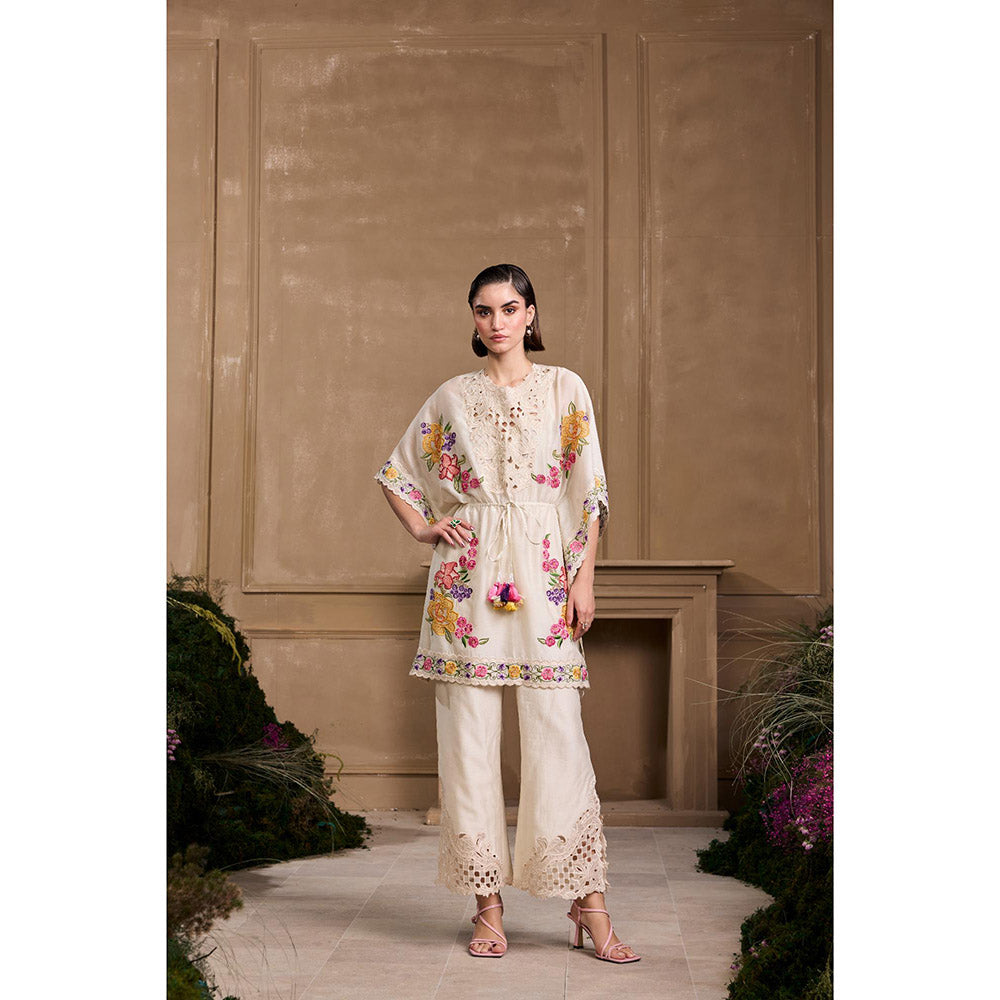 CHANDRIMA Ivory Floral Embroidered Yoke Detail Kaftan