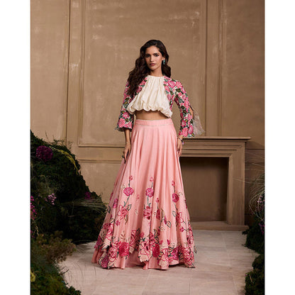 CHANDRIMA Rose Pink Cutwork Layered Embroidered Top with Lehenga and Jacket (Set of 3)