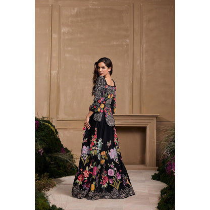 CHANDRIMA Black Floral Embroidered Blouse with Lehenga (Set of 2)