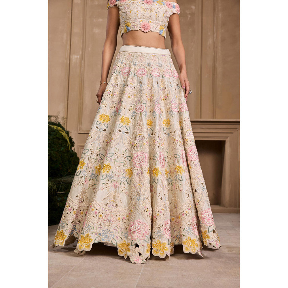 CHANDRIMA Ivory Pastel Florals Cutwork and Beadwork Blouse with Lehenga (Set of 2)