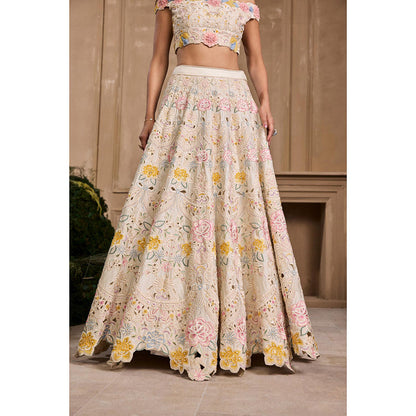 CHANDRIMA Ivory Pastel Florals Cutwork and Beadwork Blouse with Lehenga (Set of 2)