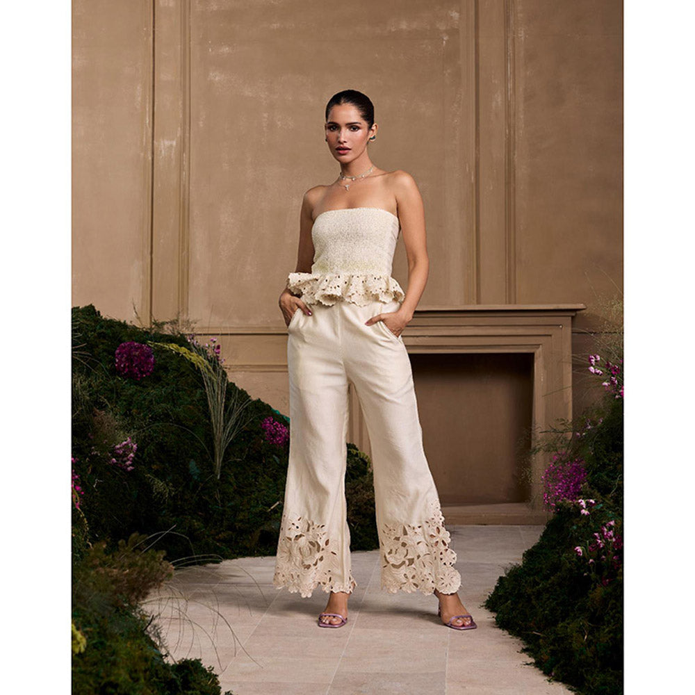 CHANDRIMA Ivory Smocked Ruffled Top