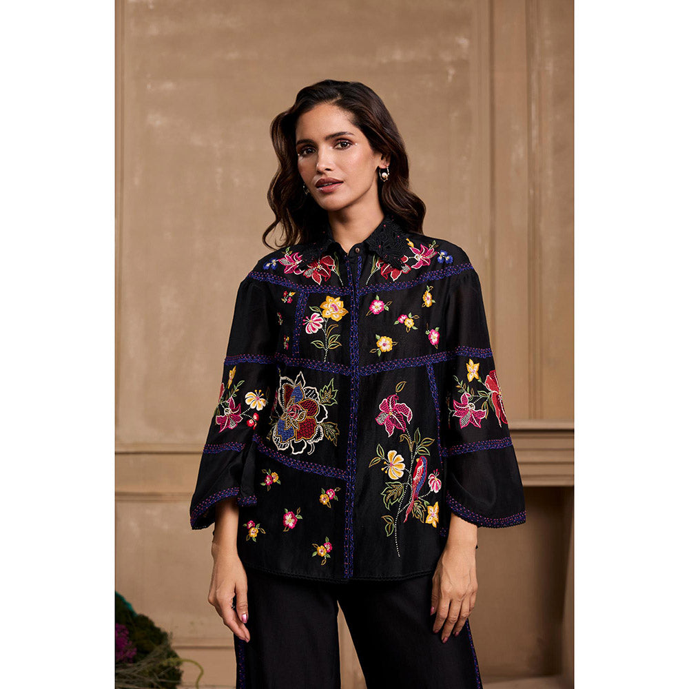 CHANDRIMA Black Floral Embroidered Panel Shirt