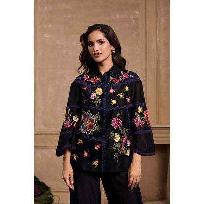 CHANDRIMA Black Floral Embroidered Panel Shirt