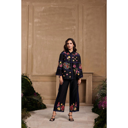 CHANDRIMA Black Floral Embroidered Panel Shirt