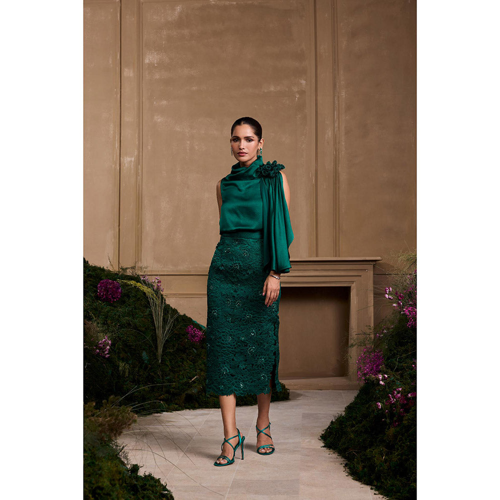 CHANDRIMA Emerald Green Rose Detail Drape Top