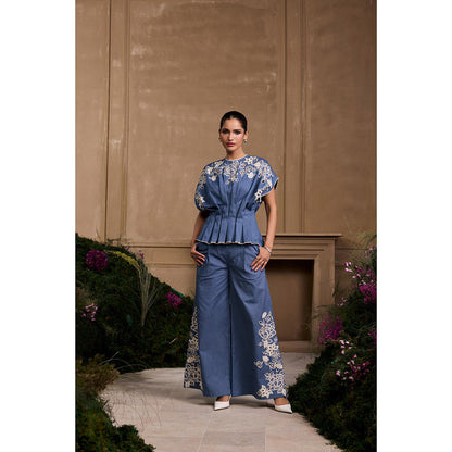 CHANDRIMA Blue Contrast Cutwork Pleated Top