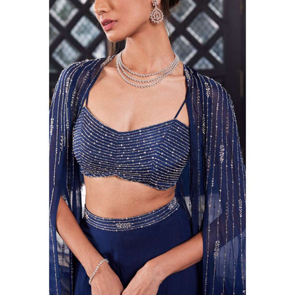 CHARU AND VASUNDHARA Esme Electric Blue Sharara with Cape & Bralette (Set of 3)