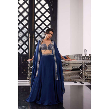 CHARU AND VASUNDHARA Erin Electric Blue Ethnic Skirt with Bralette & Cape (Set of 3)
