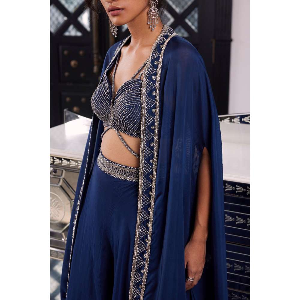 CHARU AND VASUNDHARA Erin Electric Blue Ethnic Skirt with Bralette & Cape (Set of 3)
