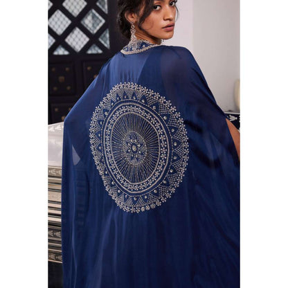 CHARU AND VASUNDHARA Erin Electric Blue Ethnic Skirt with Bralette & Cape (Set of 3)