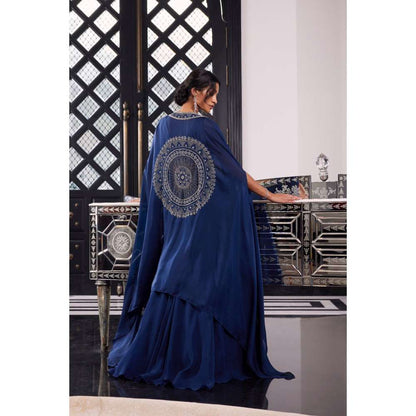 CHARU AND VASUNDHARA Erin Electric Blue Ethnic Skirt with Bralette & Cape (Set of 3)