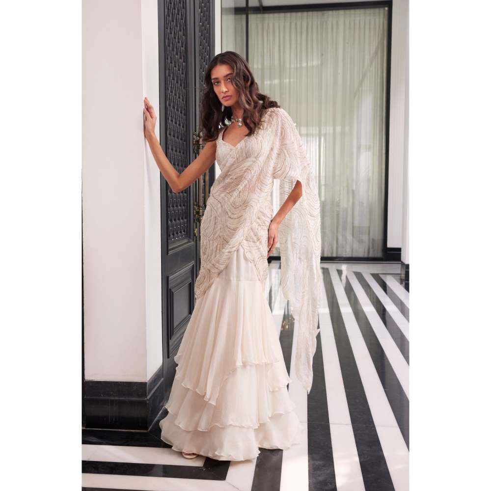 CHARU AND VASUNDHARA Elea Ivory Embroidered Lehenga Saree with Stitched Blouse