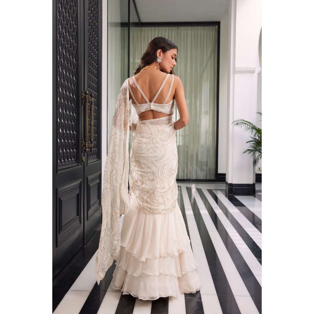 CHARU AND VASUNDHARA Elea Ivory Embroidered Lehenga Saree with Stitched Blouse