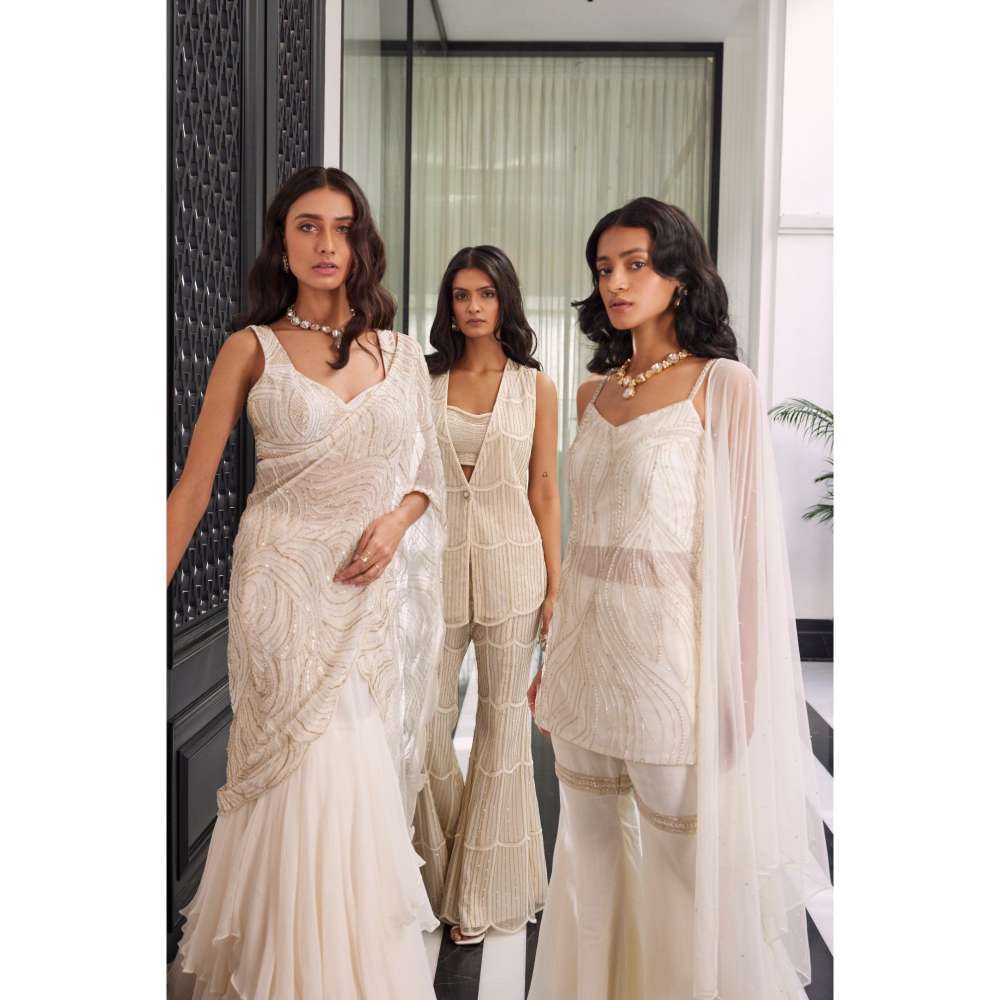CHARU AND VASUNDHARA Elea Ivory Embroidered Lehenga Saree with Stitched Blouse