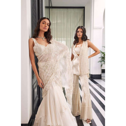 CHARU AND VASUNDHARA Elea Ivory Embroidered Lehenga Saree with Stitched Blouse