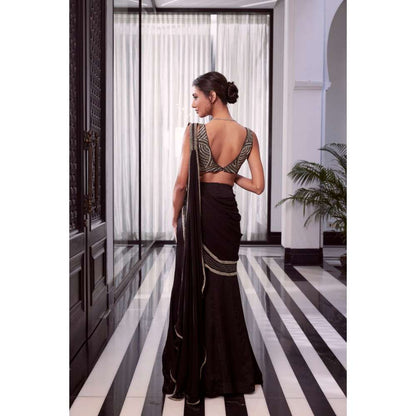 CHARU AND VASUNDHARA Elara Black Embellished Pre-Draped Saree with Stitched Blouse