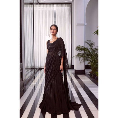 CHARU AND VASUNDHARA Elora Black Embellished Lehenga Saree with Stitched Blouse