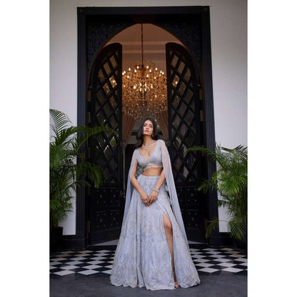 CHARU AND VASUNDHARA Ella Powder Blue Classic Lehenga with Blouse (Set of 2)