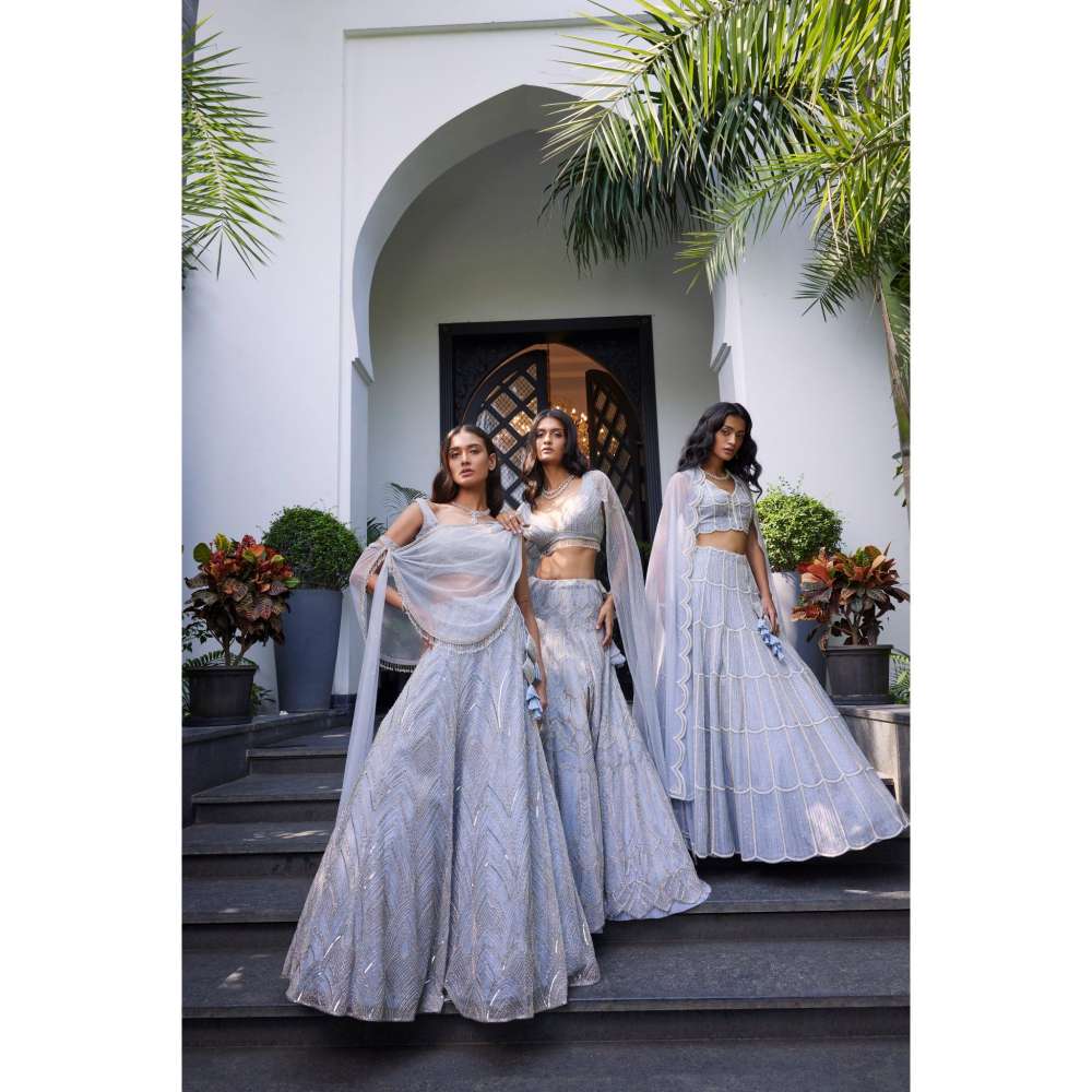 CHARU AND VASUNDHARA Ella Powder Blue Classic Lehenga with Blouse (Set of 2)