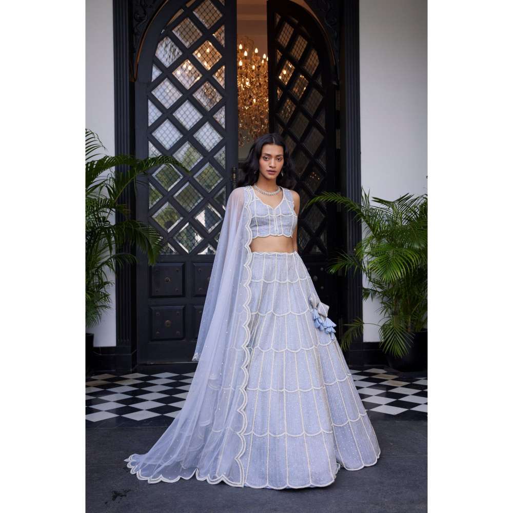 CHARU AND VASUNDHARA Edonia Powder Blue Classic Lehenga with Blouse & Dupatta (Set of 3)
