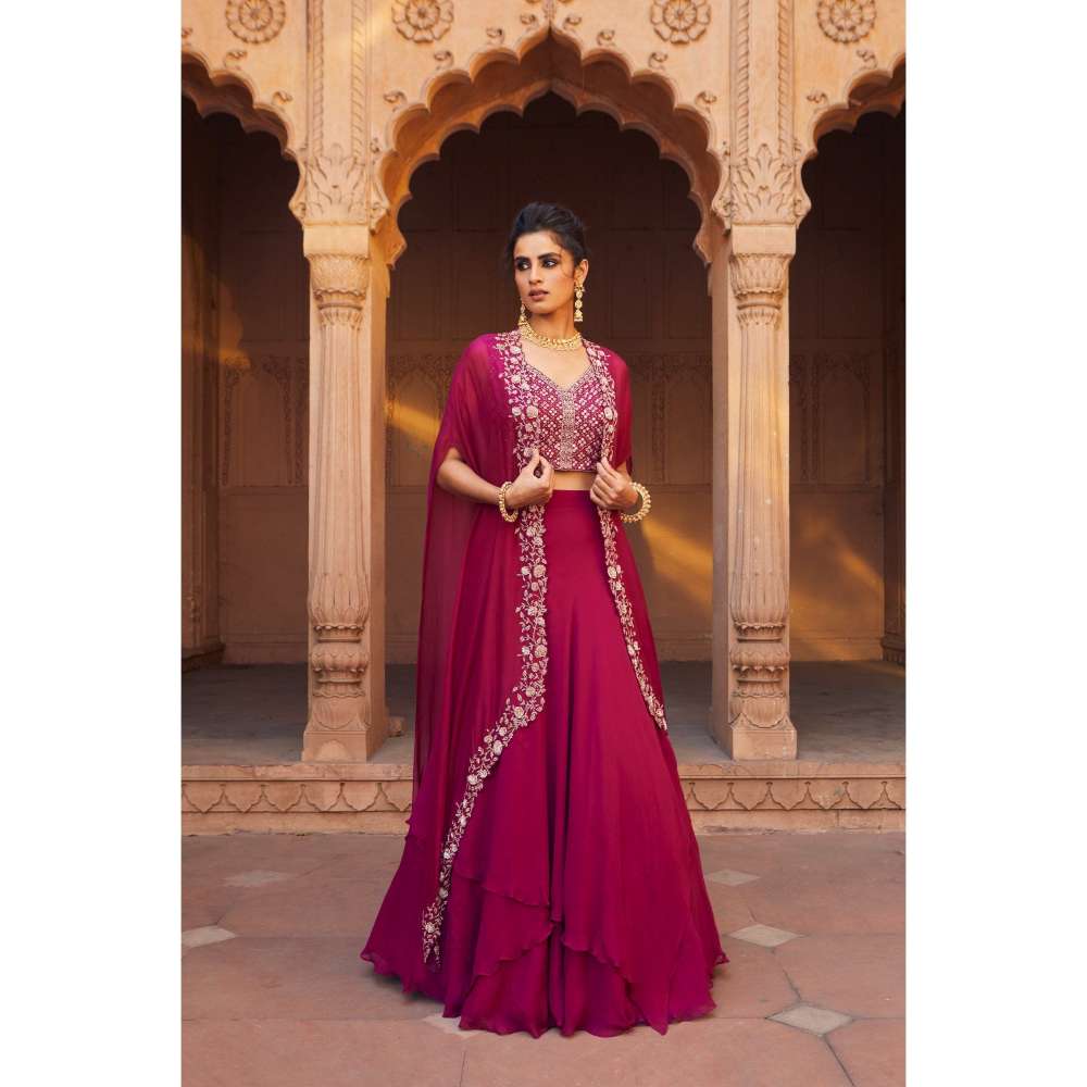 CHARU AND VASUNDHARA Raspberry Lehenga with Blouse & Cape (Set of 3)