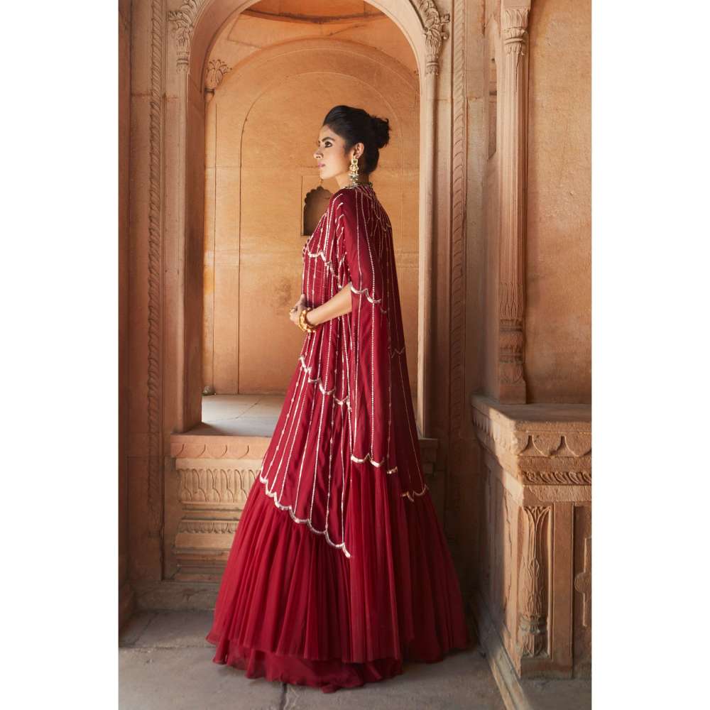 CHARU AND VASUNDHARA Oxblood Lehenga with Blouse & Cape (Set of 3)