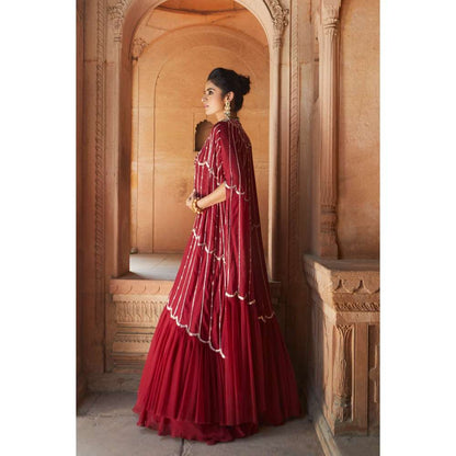 CHARU AND VASUNDHARA Oxblood Lehenga with Blouse & Cape (Set of 3)