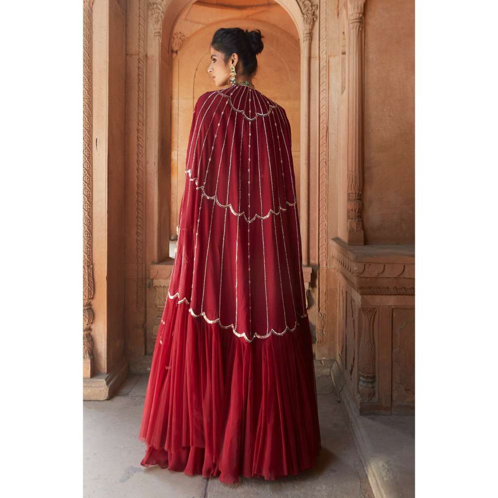 CHARU AND VASUNDHARA Oxblood Lehenga with Blouse & Cape (Set of 3)