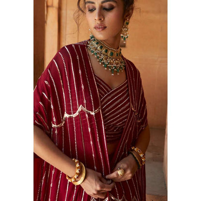 CHARU AND VASUNDHARA Oxblood Lehenga with Blouse & Cape (Set of 3)