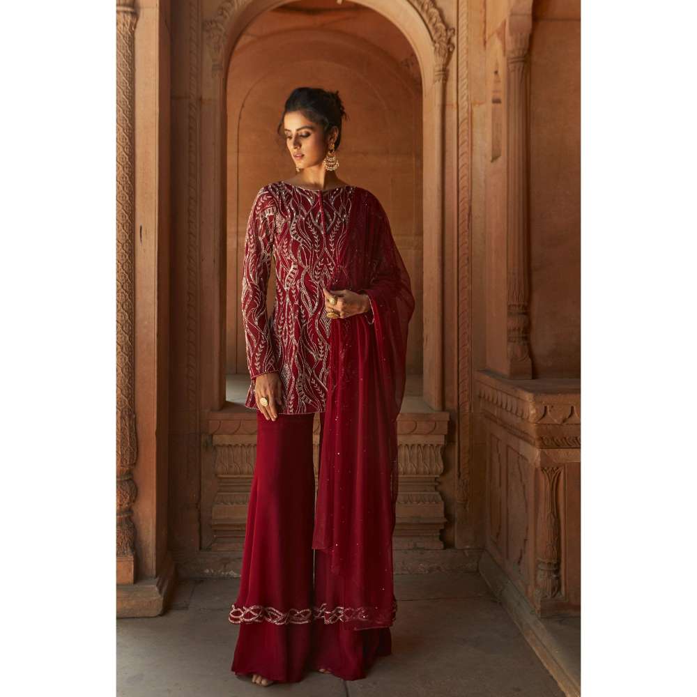 CHARU AND VASUNDHARA Oxblood Kurti & Sharara with Dupatta (Set of 3)