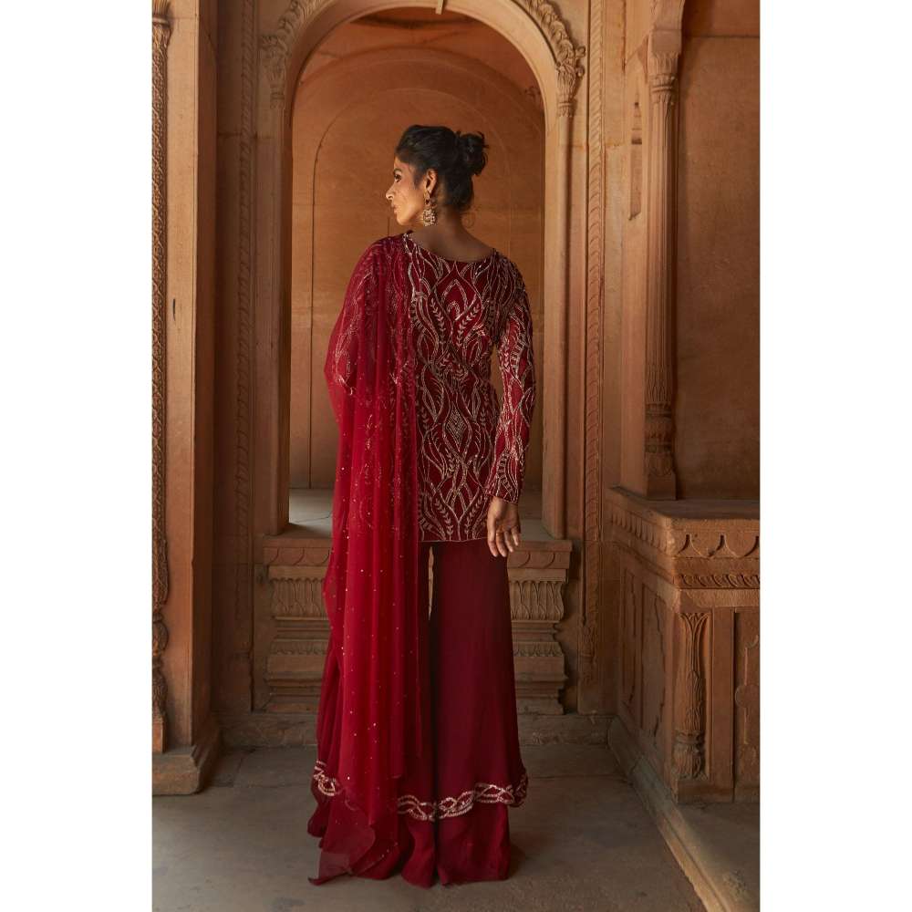 CHARU AND VASUNDHARA Oxblood Kurti & Sharara with Dupatta (Set of 3)