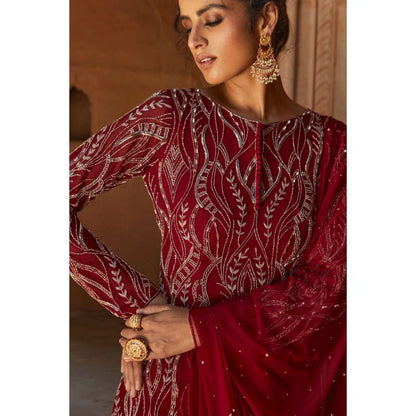 CHARU AND VASUNDHARA Oxblood Kurti & Sharara with Dupatta (Set of 3)
