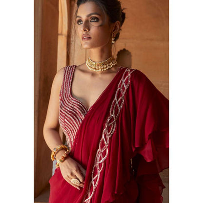CHARU AND VASUNDHARA Oxblood Fusion Ruffle Saree with Stitched Blouse