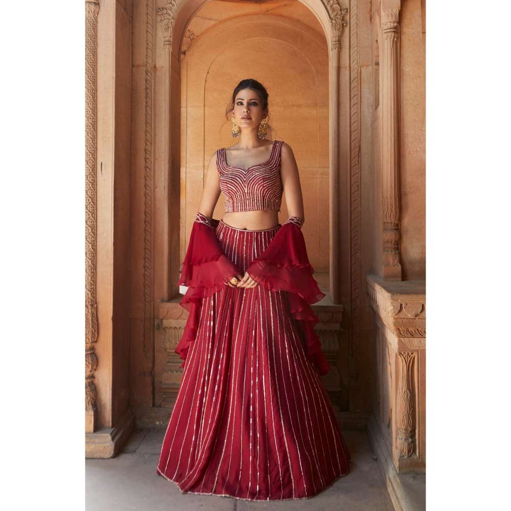 CHARU AND VASUNDHARA Oxblood Fusion Skirt with Blouse & Dupatta (Set of 3)