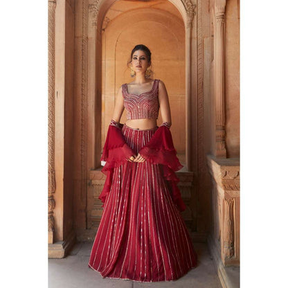 CHARU AND VASUNDHARA Oxblood Fusion Skirt with Blouse & Dupatta (Set of 3)