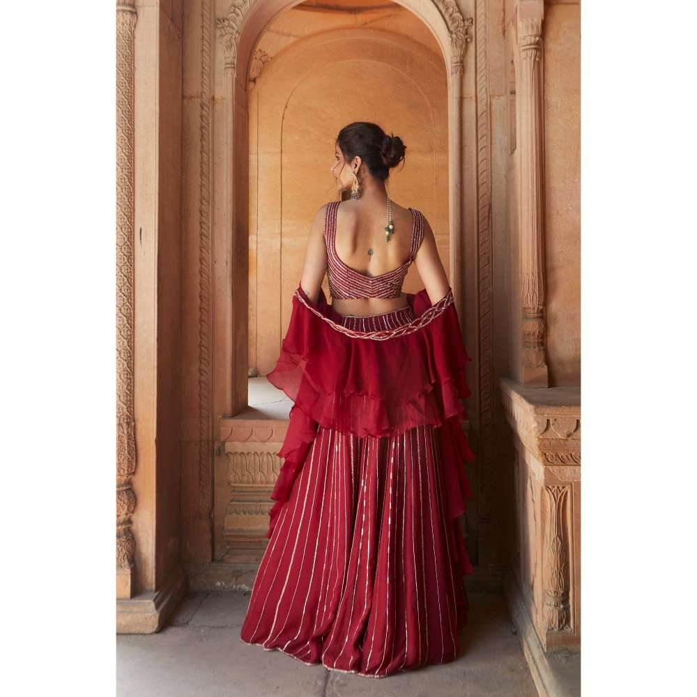 CHARU AND VASUNDHARA Oxblood Fusion Skirt with Blouse & Dupatta (Set of 3)