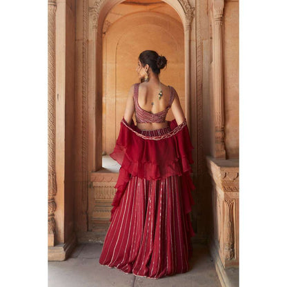 CHARU AND VASUNDHARA Oxblood Fusion Skirt with Blouse & Dupatta (Set of 3)